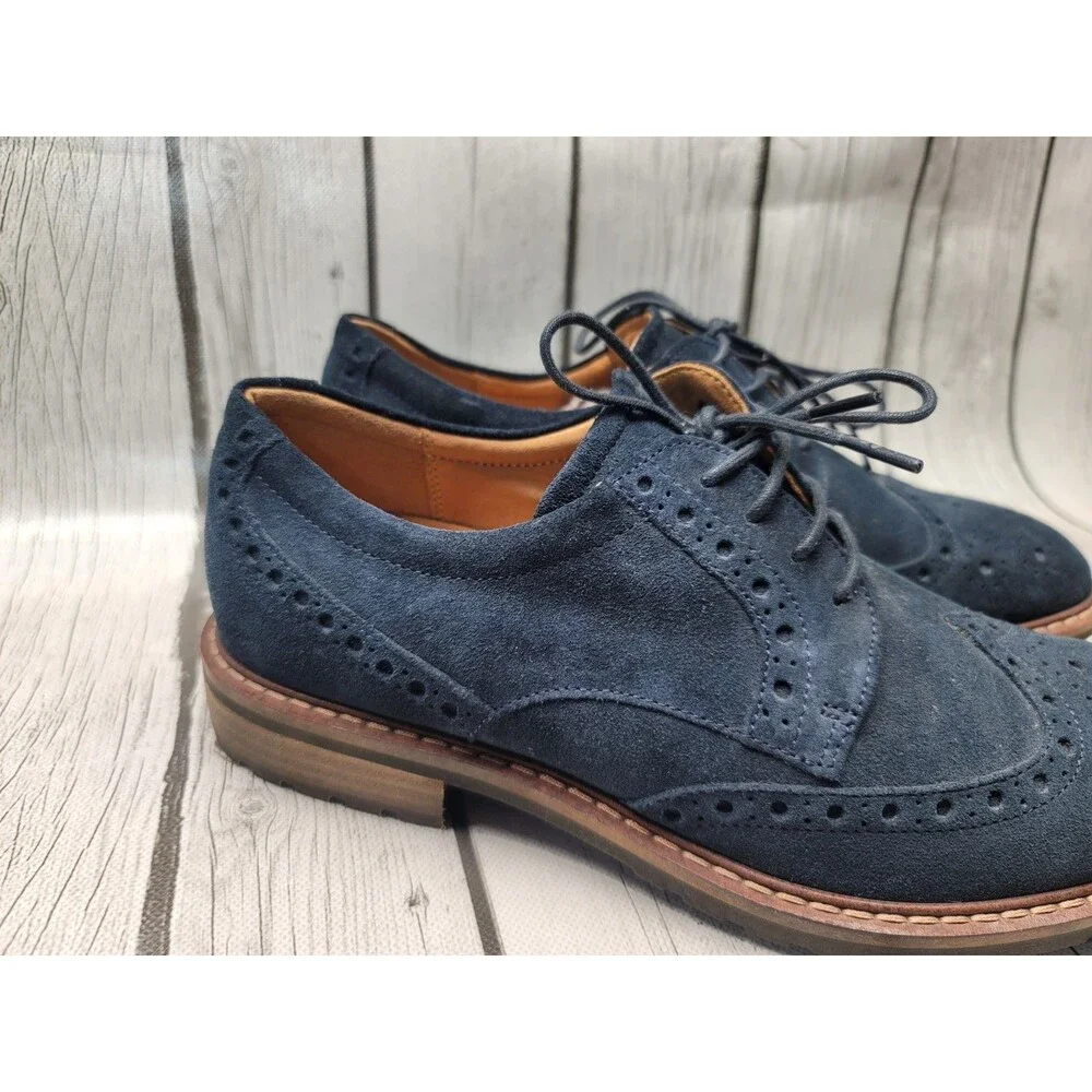 ECCO Vitrus Mens 7 US Navy Blue Suede Leather Wingtip Tie Oxford Brogues Shoes